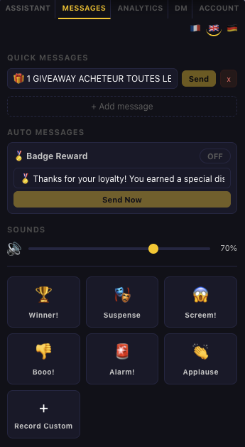 LeLiveBoost messages and soundboard panel