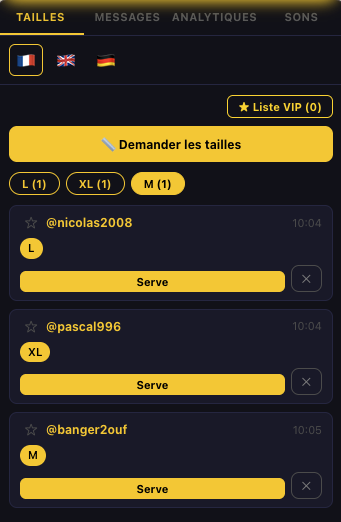 LeLiveBoost AI size detection showing real-time buyer queue